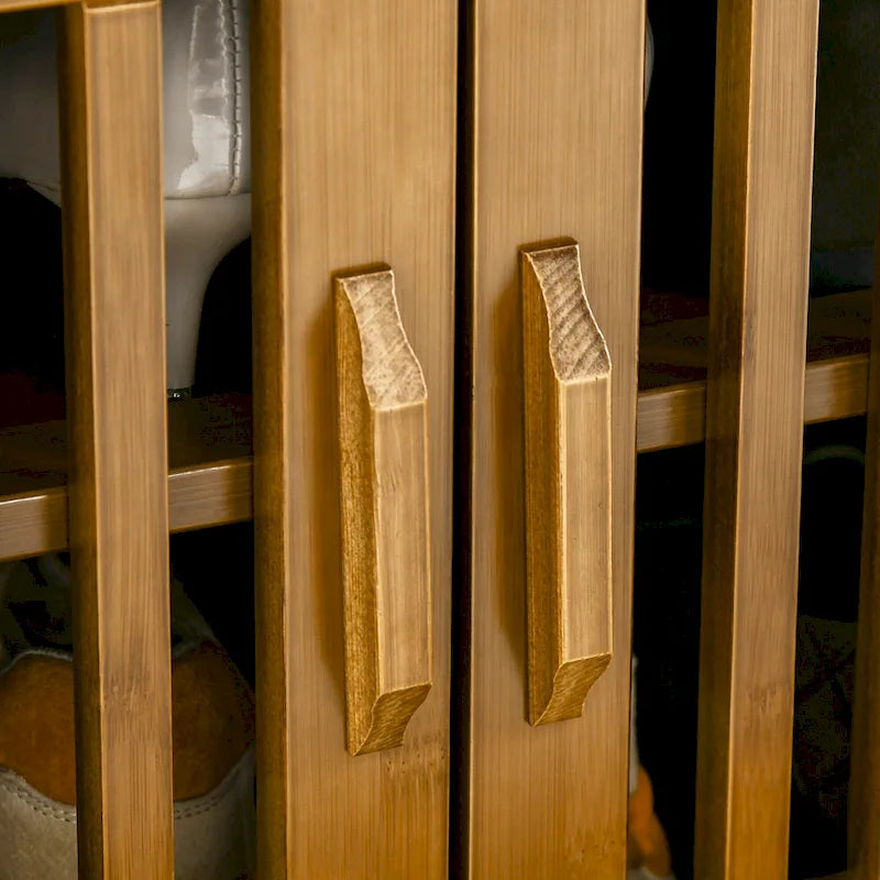 Shoe Bench with Storage Cabinets, Bamboo Entryway Bench with Seating Cushion, 3 Doors