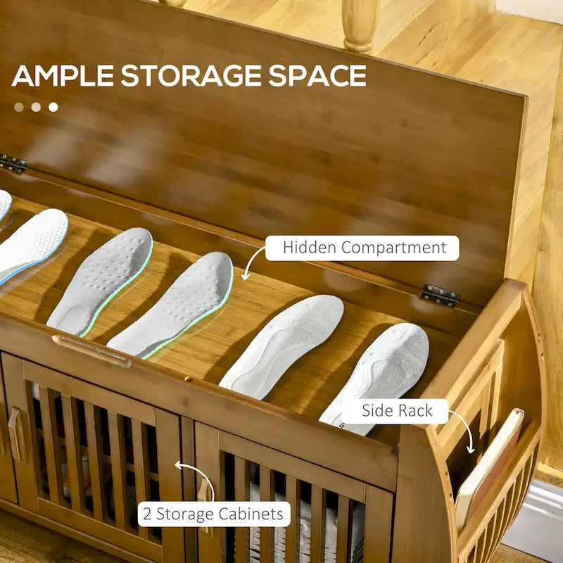 Shoe Bench with Storage Cabinets, Bamboo Entryway Bench with Seating Cushion, 3 Doors