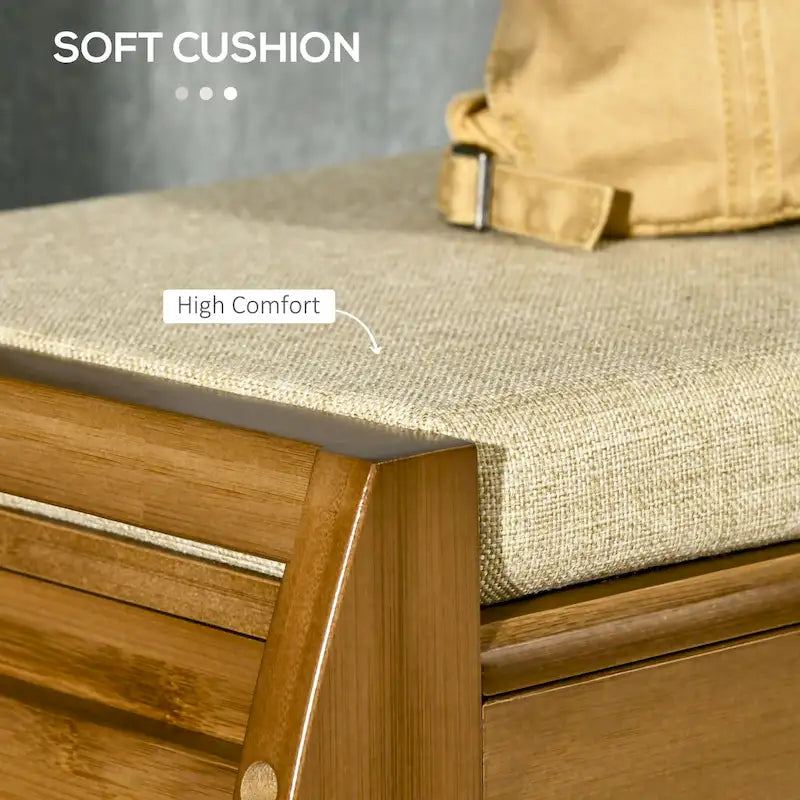 Shoe Bench with Storage Cabinets, Bamboo Entryway Bench with Seating Cushion, 3 Doors