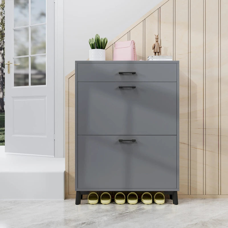 Shoe Storage Cabinet for Entryway, Free Standing Shoe Organizer with 2 Flip Drawers, Hidden Shoe Rack Storage Organizer