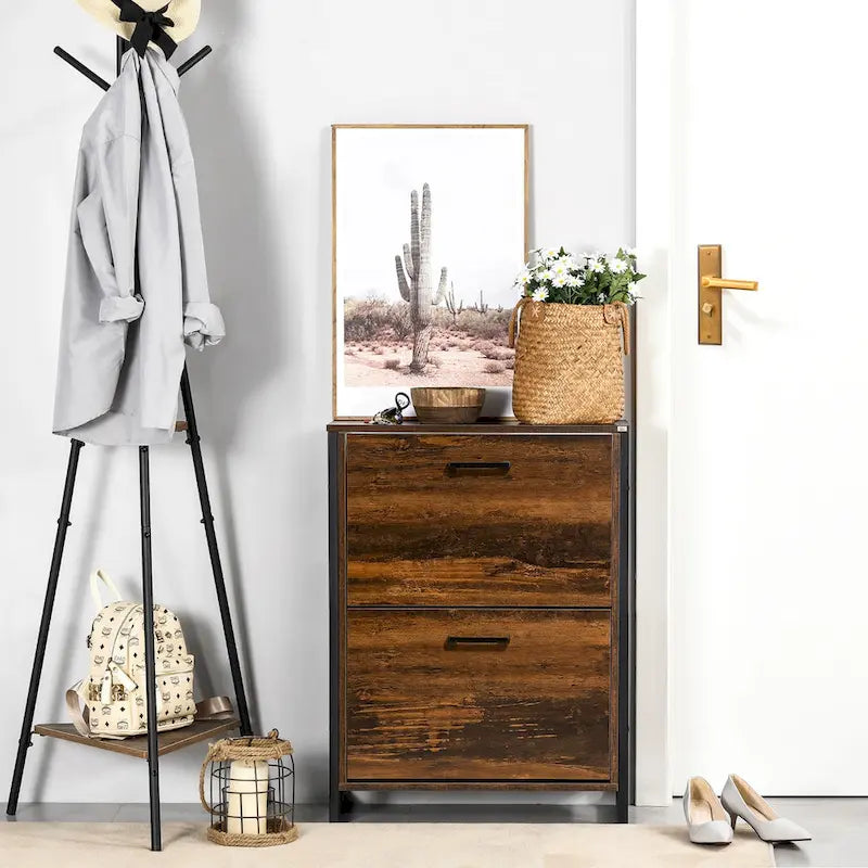 Industrial Shoe Cabinet with 2 Flip Drawers, Freestanding Shoe Storage Cabinet for 12 Pair