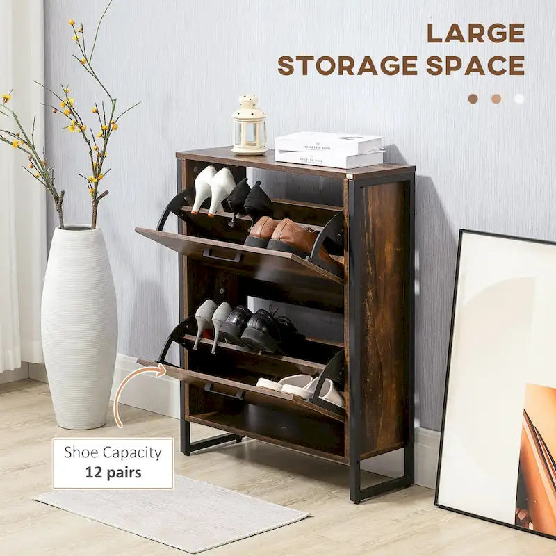 Industrial Shoe Cabinet with 2 Flip Drawers, Freestanding Shoe Storage Cabinet for 12 Pair