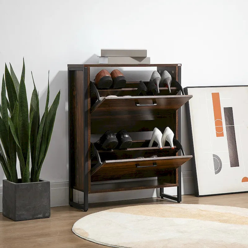 Industrial Shoe Cabinet with 2 Flip Drawers, Freestanding Shoe Storage Cabinet for 12 Pair