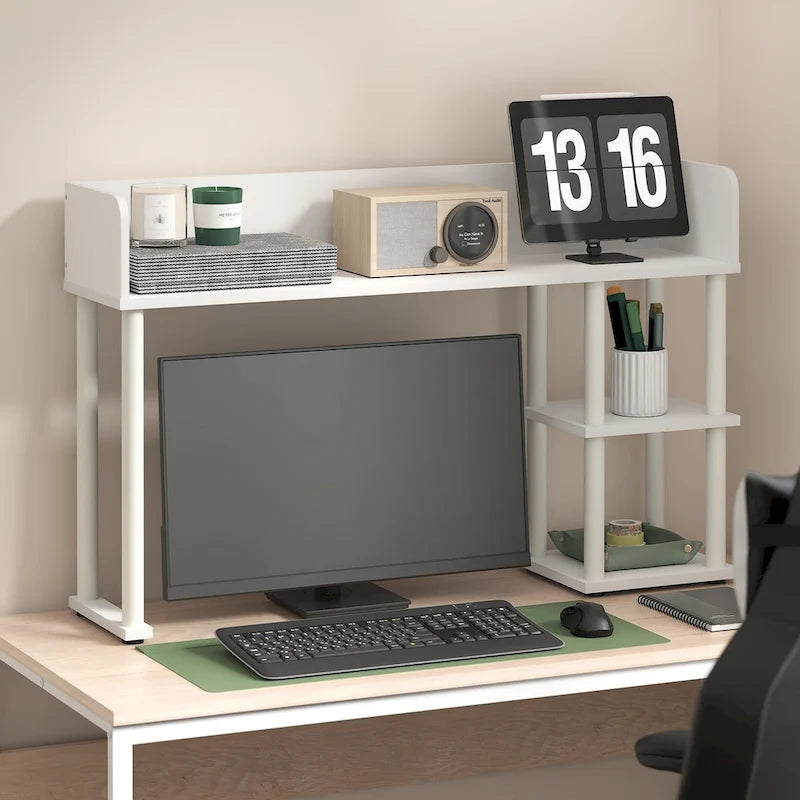 Furinno Classic Desktop Bookshelf Storage Hutch, Desk Organizer with 3 Shelves, White/White