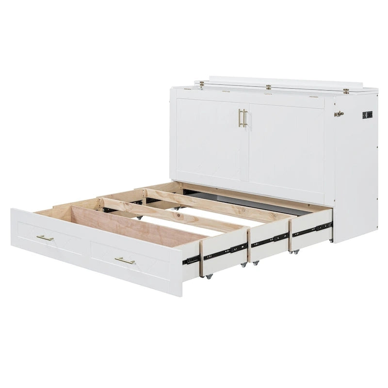 Full Size Murphy Bed Wall Bed with drawer and a set of Sockets & USB Ports, Pulley Structure Design