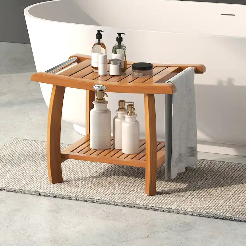 Gymax Teak Wood Shower Bench 2-Tier Wooden Shower Stool w/ Curved Seat