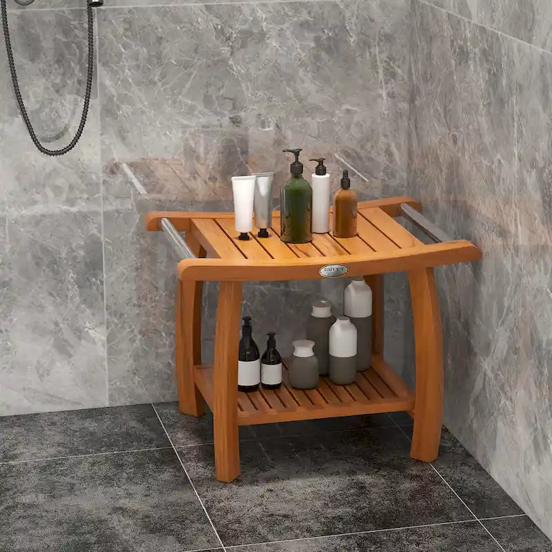 Gymax Teak Wood Shower Bench 2-Tier Wooden Shower Stool w/ Curved Seat