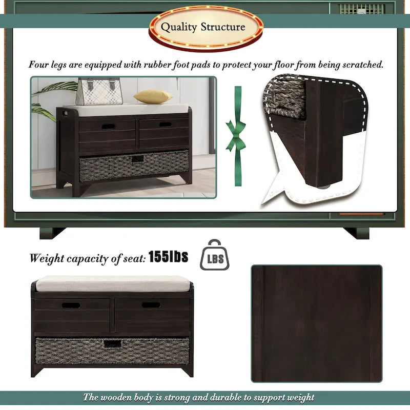 Wood Storage Bench with 1 Removable Basket & 2 Drawers, Fully Assembled Shoe Stool 32 Entryway Bench with Removable Cushion
