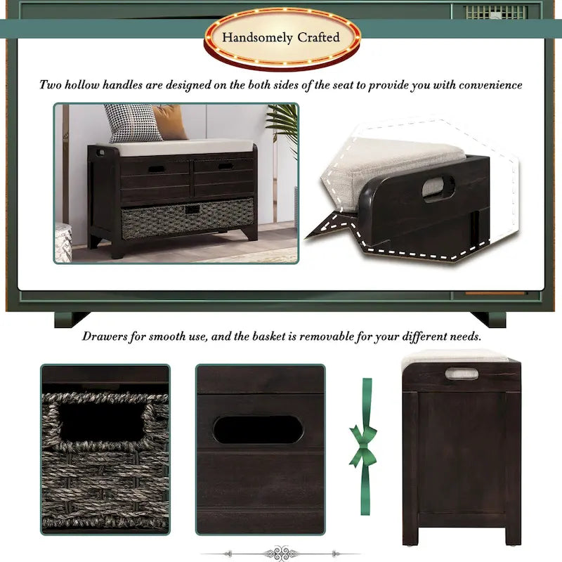 Wood Storage Bench with 1 Removable Basket & 2 Drawers, Fully Assembled Shoe Stool 32 Entryway Bench with Removable Cushion
