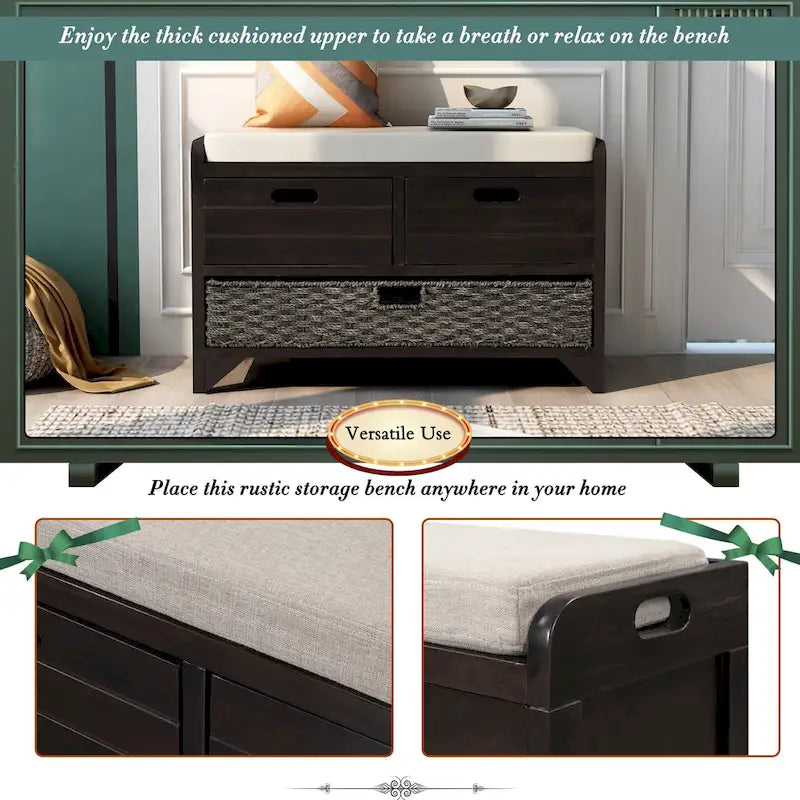 Wood Storage Bench with 1 Removable Basket & 2 Drawers, Fully Assembled Shoe Stool 32 Entryway Bench with Removable Cushion