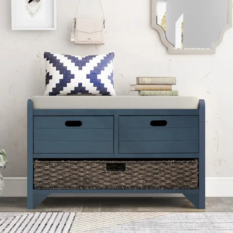 Wood Storage Bench with 1 Removable Basket & 2 Drawers, Fully Assembled Shoe Stool 32 Entryway Bench with Removable Cushion