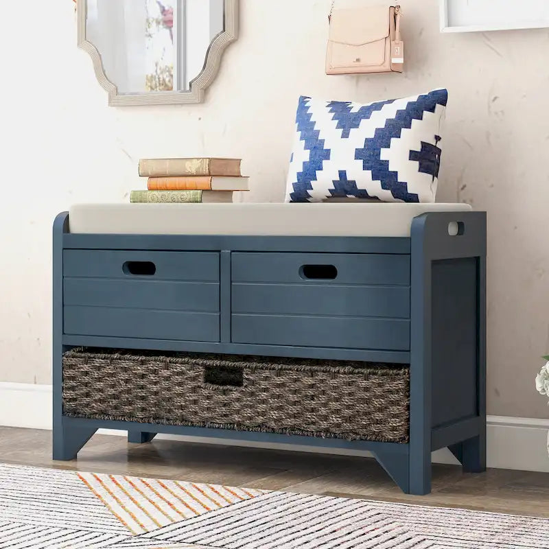 Wood Storage Bench with 1 Removable Basket & 2 Drawers, Fully Assembled Shoe Stool 32 Entryway Bench with Removable Cushion