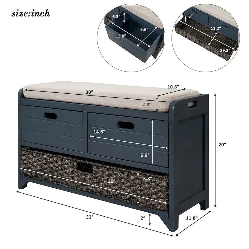Wood Storage Bench with 1 Removable Basket & 2 Drawers, Fully Assembled Shoe Stool 32 Entryway Bench with Removable Cushion