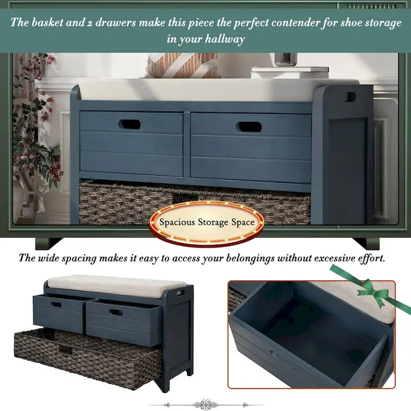 Wood Storage Bench with 1 Removable Basket & 2 Drawers, Fully Assembled Shoe Stool 32 Entryway Bench with Removable Cushion