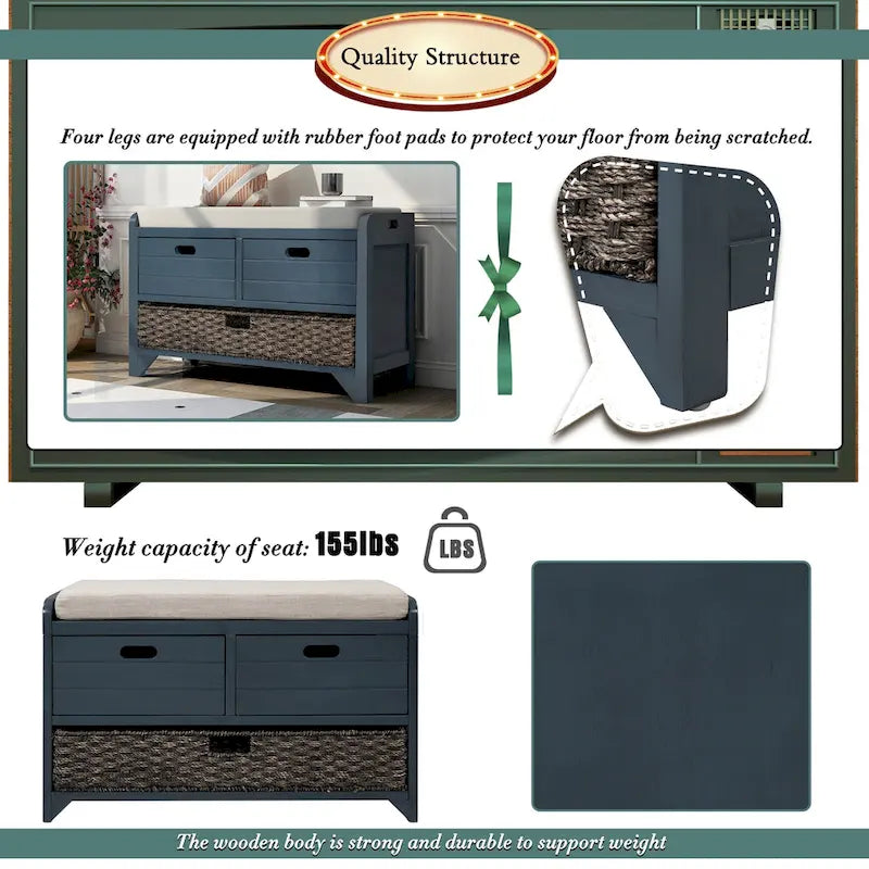 Wood Storage Bench with 1 Removable Basket & 2 Drawers, Fully Assembled Shoe Stool 32 Entryway Bench with Removable Cushion