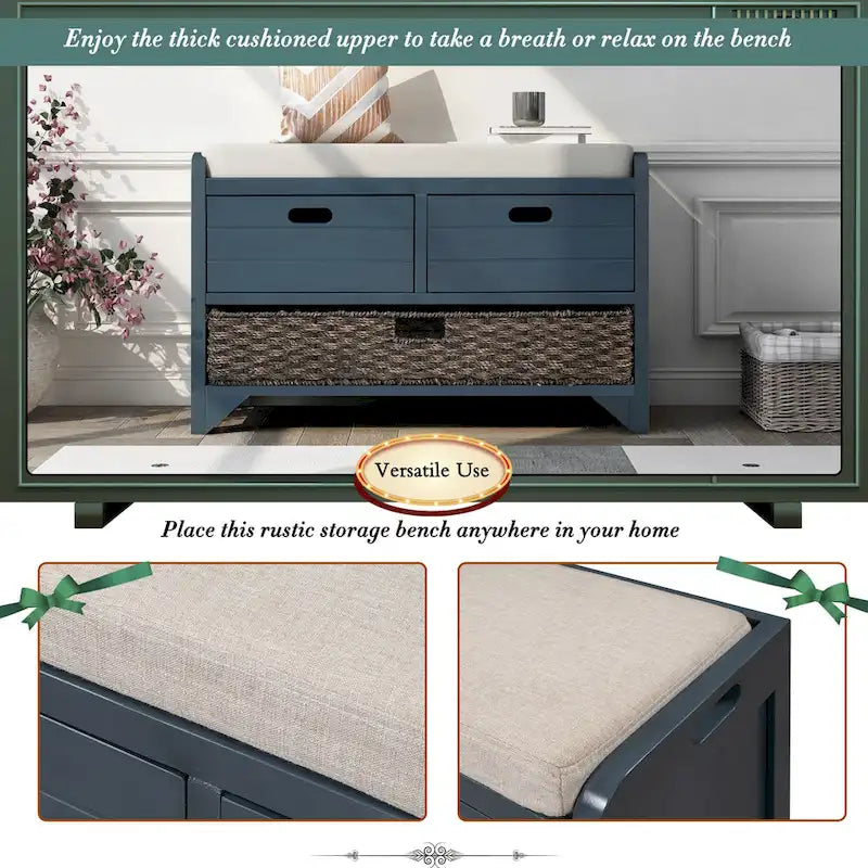 Wood Storage Bench with 1 Removable Basket & 2 Drawers, Fully Assembled Shoe Stool 32 Entryway Bench with Removable Cushion