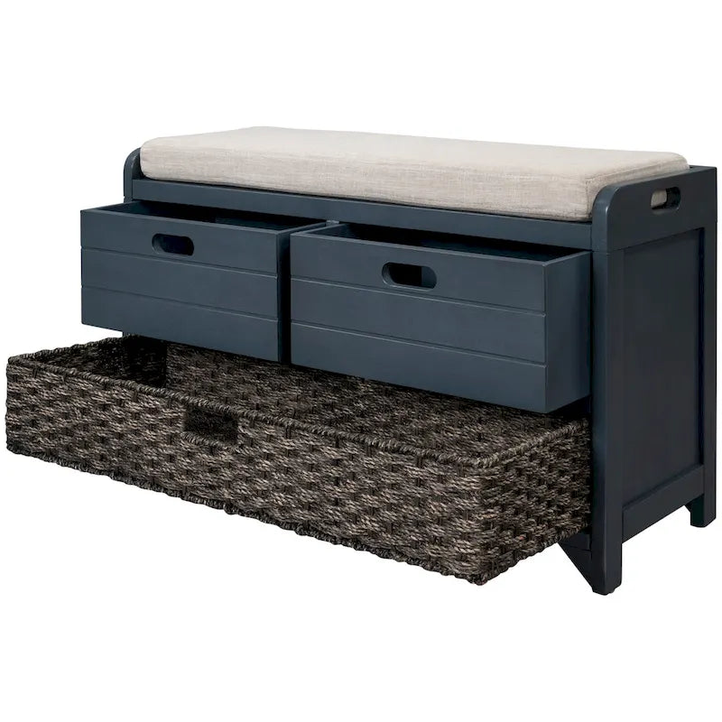 Wood Storage Bench with 1 Removable Basket & 2 Drawers, Fully Assembled Shoe Stool 32 Entryway Bench with Removable Cushion
