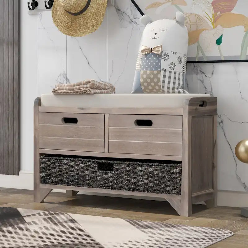 Wood Storage Bench with 1 Removable Basket & 2 Drawers, Fully Assembled Shoe Stool 32 Entryway Bench with Removable Cushion