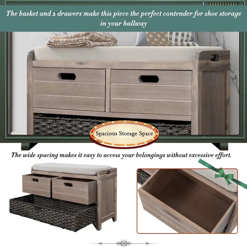 Wood Storage Bench with 1 Removable Basket & 2 Drawers, Fully Assembled Shoe Stool 32 Entryway Bench with Removable Cushion