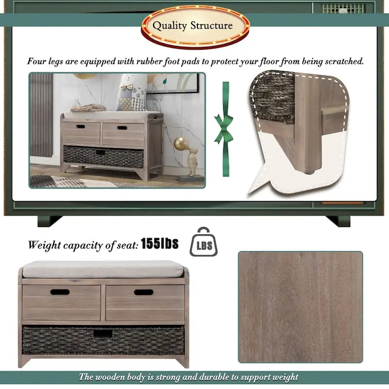 Wood Storage Bench with 1 Removable Basket & 2 Drawers, Fully Assembled Shoe Stool 32 Entryway Bench with Removable Cushion