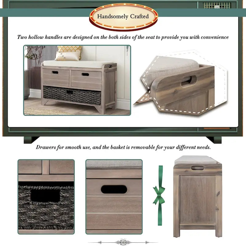 Wood Storage Bench with 1 Removable Basket & 2 Drawers, Fully Assembled Shoe Stool 32 Entryway Bench with Removable Cushion
