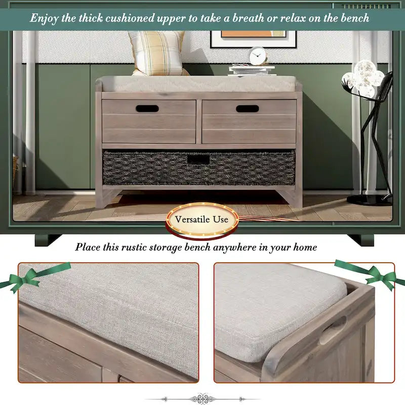 Wood Storage Bench with 1 Removable Basket & 2 Drawers, Fully Assembled Shoe Stool 32 Entryway Bench with Removable Cushion