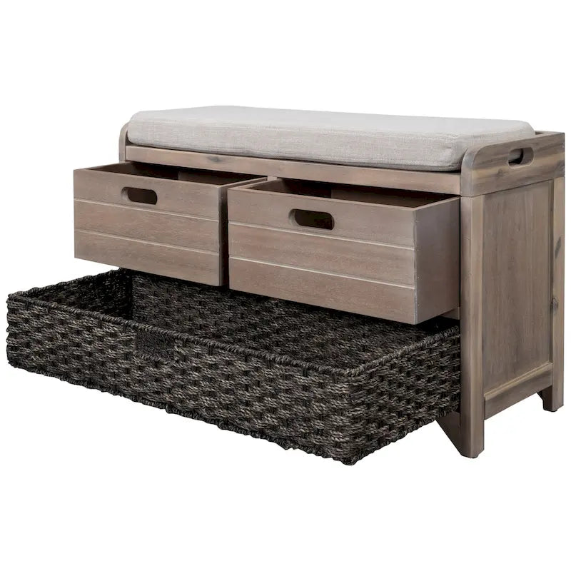 Wood Storage Bench with 1 Removable Basket & 2 Drawers, Fully Assembled Shoe Stool 32 Entryway Bench with Removable Cushion