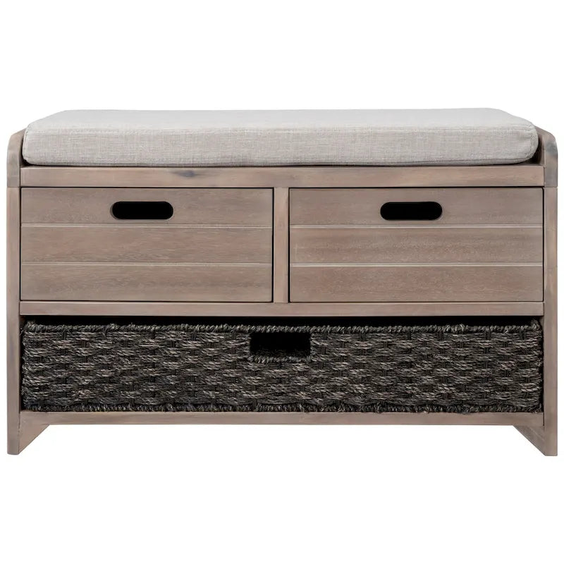 Wood Storage Bench with 1 Removable Basket & 2 Drawers, Fully Assembled Shoe Stool 32 Entryway Bench with Removable Cushion