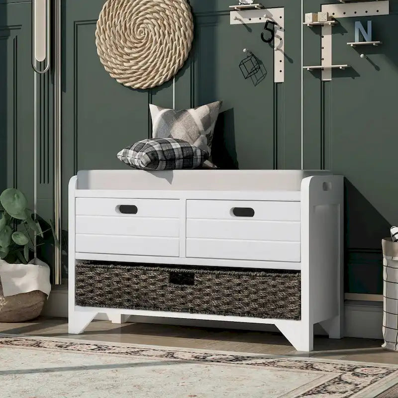 Wood Storage Bench with 1 Removable Basket & 2 Drawers, Fully Assembled Shoe Stool 32 Entryway Bench with Removable Cushion