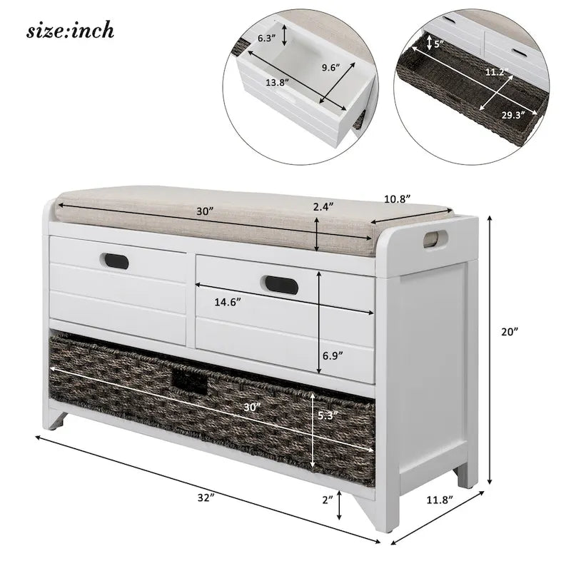 Wood Storage Bench with 1 Removable Basket & 2 Drawers, Fully Assembled Shoe Stool 32 Entryway Bench with Removable Cushion
