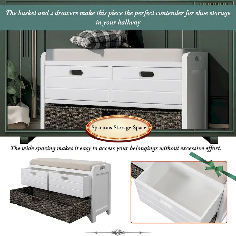 Wood Storage Bench with 1 Removable Basket & 2 Drawers, Fully Assembled Shoe Stool 32 Entryway Bench with Removable Cushion