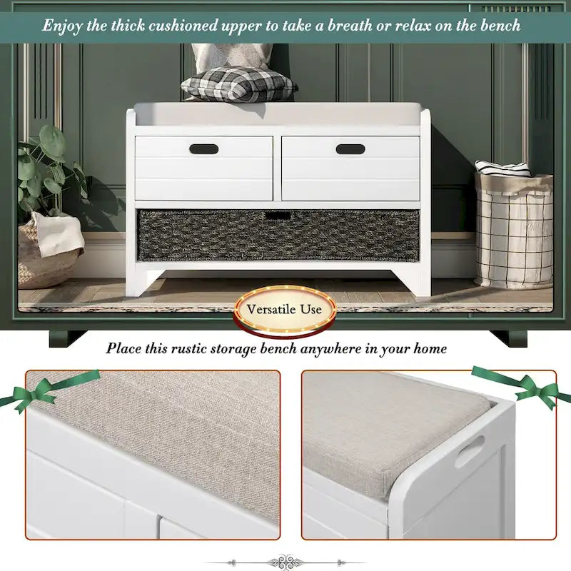 Wood Storage Bench with 1 Removable Basket & 2 Drawers, Fully Assembled Shoe Stool 32 Entryway Bench with Removable Cushion