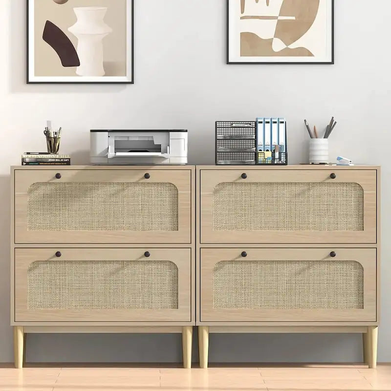 Anmytek Wood Rattan 2 Drawer Lateral File Cabinet with Adjustable Hanging Bar for Letter / A4 / Legal Size Files