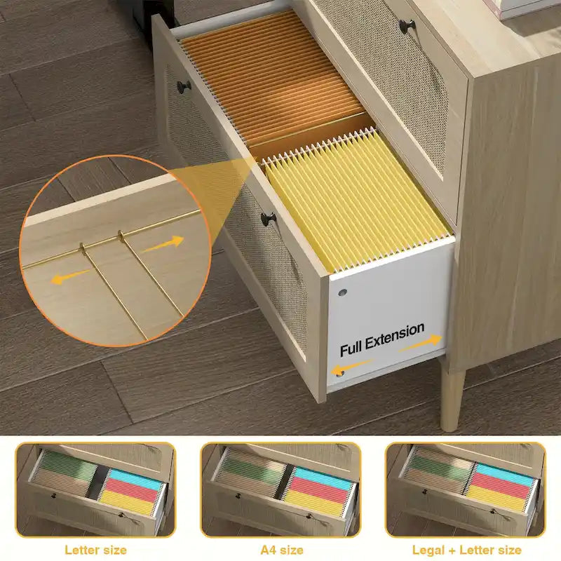 Anmytek Wood Rattan 2 Drawer Lateral File Cabinet with Adjustable Hanging Bar for Letter / A4 / Legal Size Files