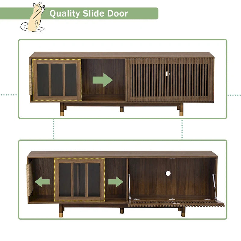 Modern TV Stand with Cat House, Pet-Friendly Entertainment Center with Sliding Glass Door, Flip-Down Media Console