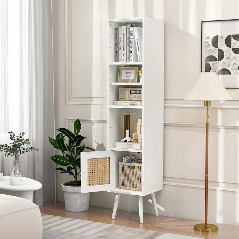 Costway Rattan Storage Cabinet Freestanding Slim Organizer Wood - See Details