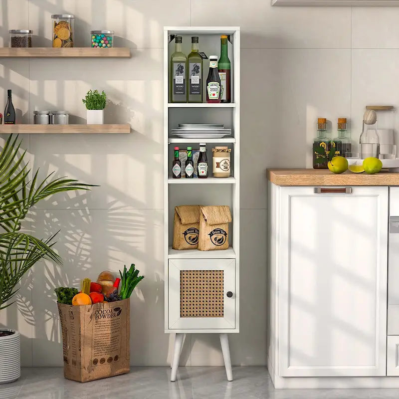Costway Rattan Storage Cabinet Freestanding Slim Organizer Wood - See Details