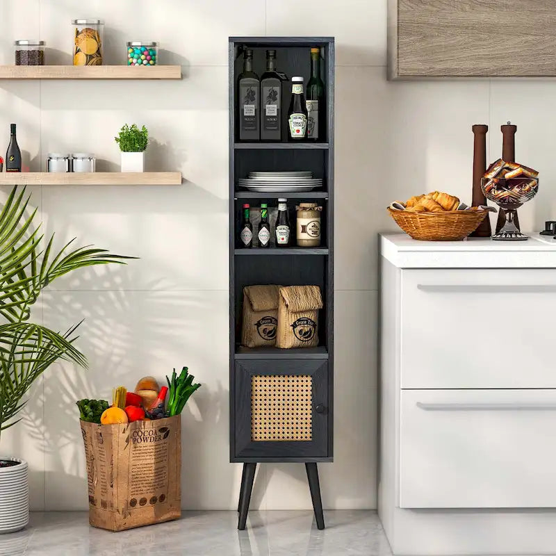 Costway Rattan Storage Cabinet Freestanding Slim Organizer Wood - See Details