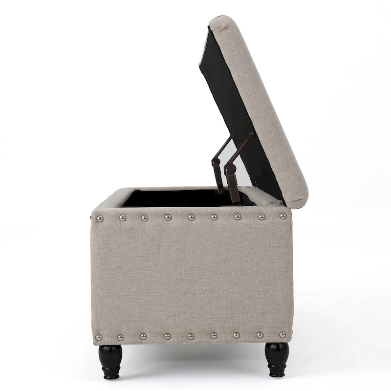 Sharon Storage Ottoman Bench, Beige Fabric, Nailhead Trim, 42 Inch