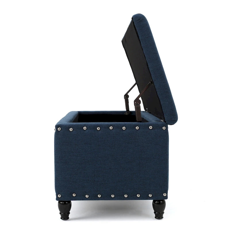 Sharon Storage Ottoman Bench, Navy Blue Fabric, Nailhead Trim, 42 Inch