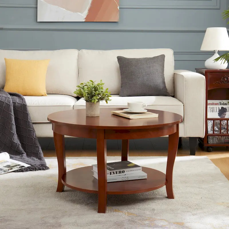 Traditional Round Coffee Table Wooden Centerpiece Table with Open Storage Shelves, for Living Room Bedroom Apartment Studio
