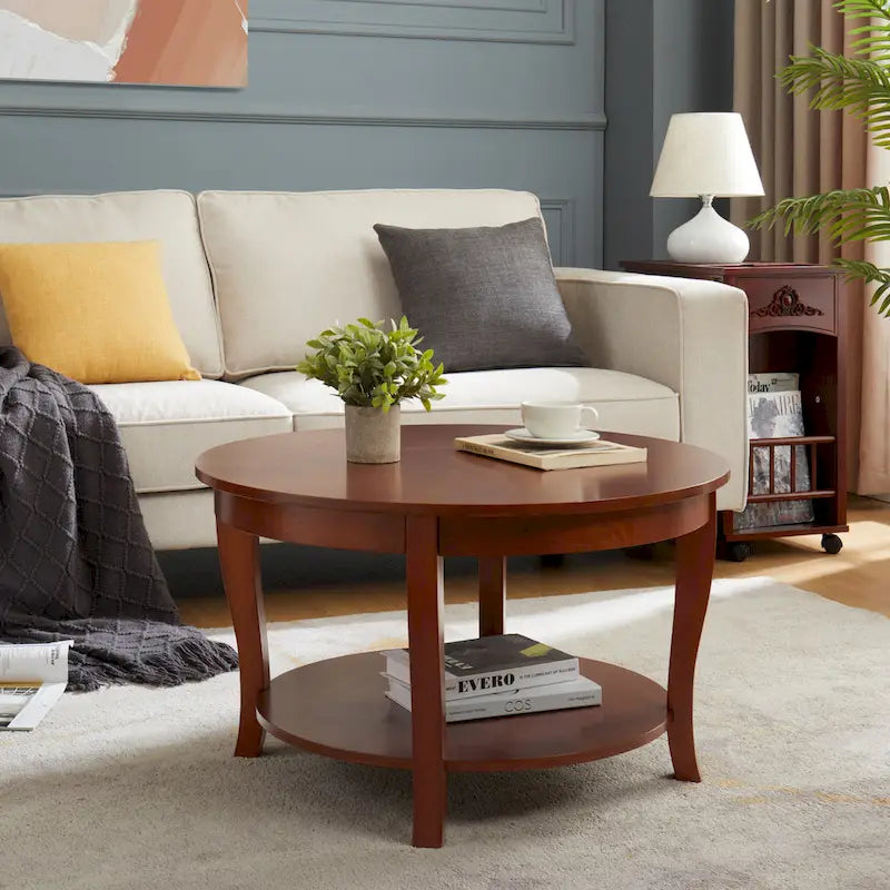 Traditional Round Coffee Table Wooden Centerpiece Table with Open Storage Shelves, for Living Room Bedroom Apartment Studio