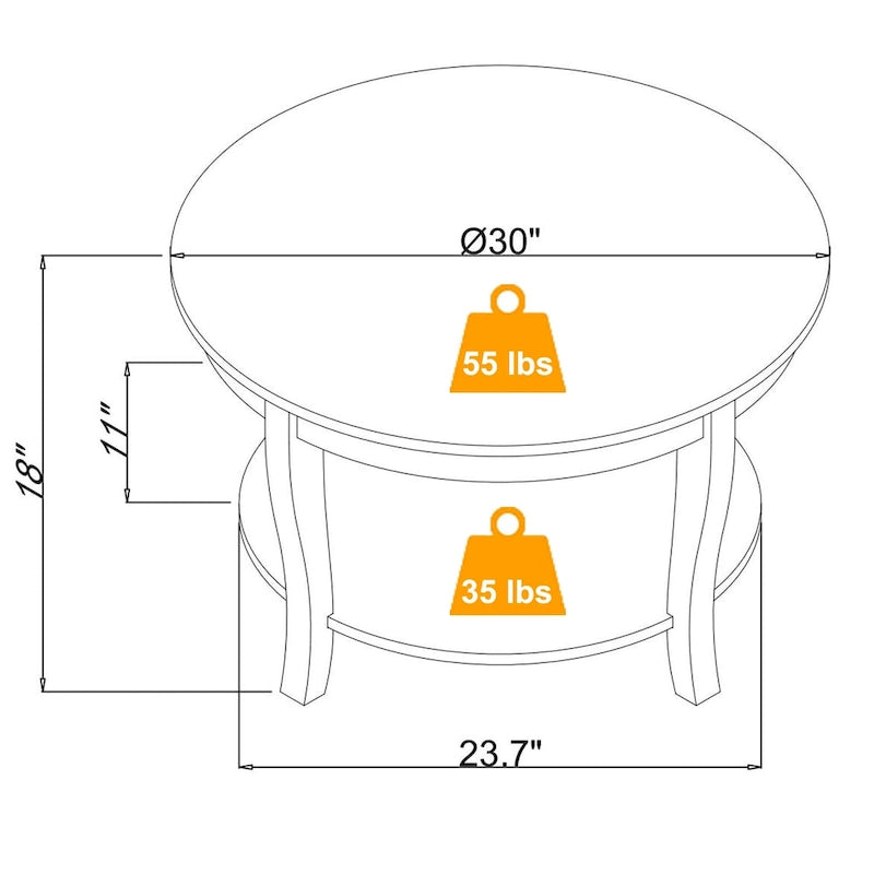 Traditional Round Coffee Table Wooden Centerpiece Table with Open Storage Shelves, for Living Room Bedroom Apartment Studio