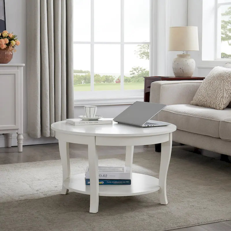 Traditional Round Coffee Table Wooden Centerpiece Table with Open Storage Shelves, for Living Room Bedroom Apartment Studio