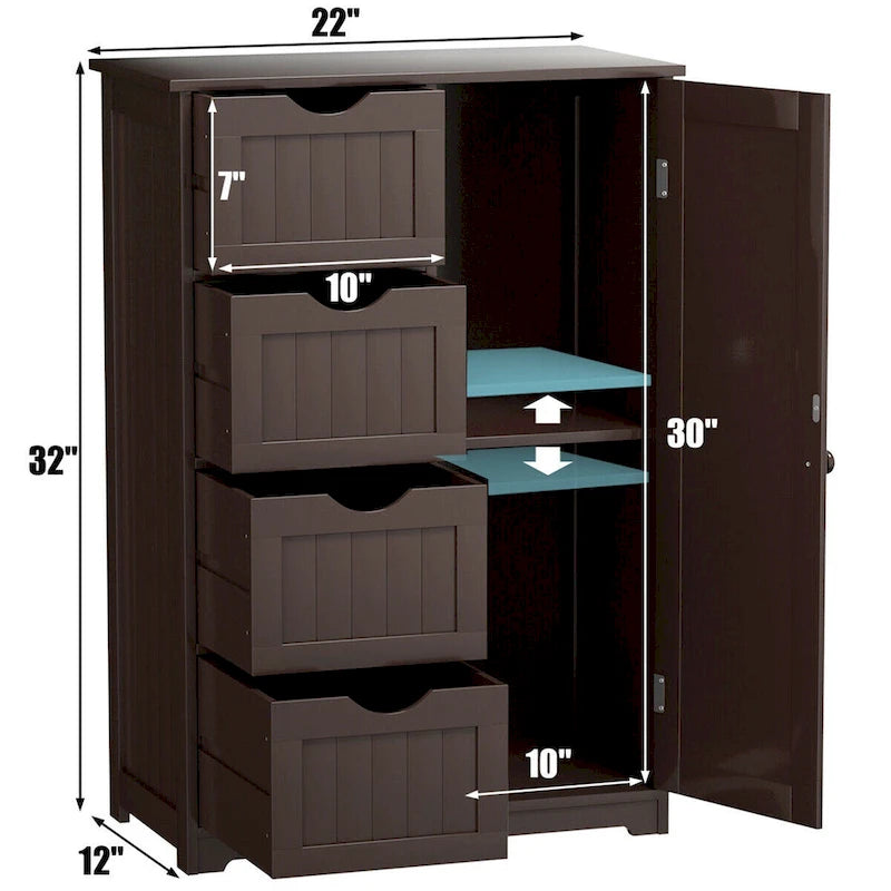 Gymax Wooden 4 Drawer Free Standing Bathroom Floor Cabinet Adjustable - See Details
