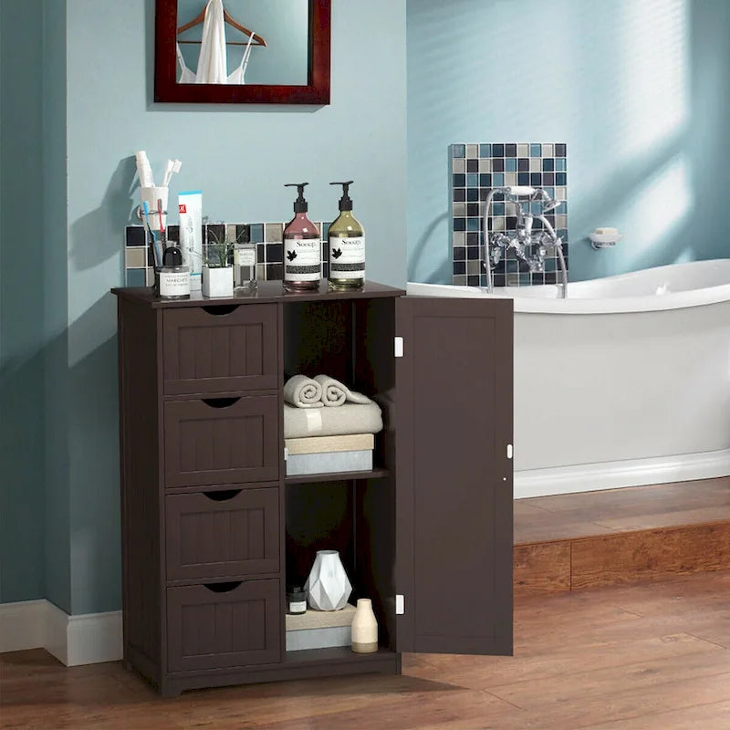 Gymax Wooden 4 Drawer Free Standing Bathroom Floor Cabinet Adjustable - See Details