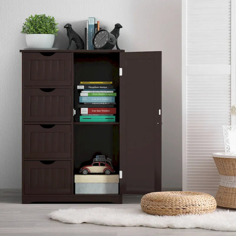 Gymax Wooden 4 Drawer Free Standing Bathroom Floor Cabinet Adjustable - See Details