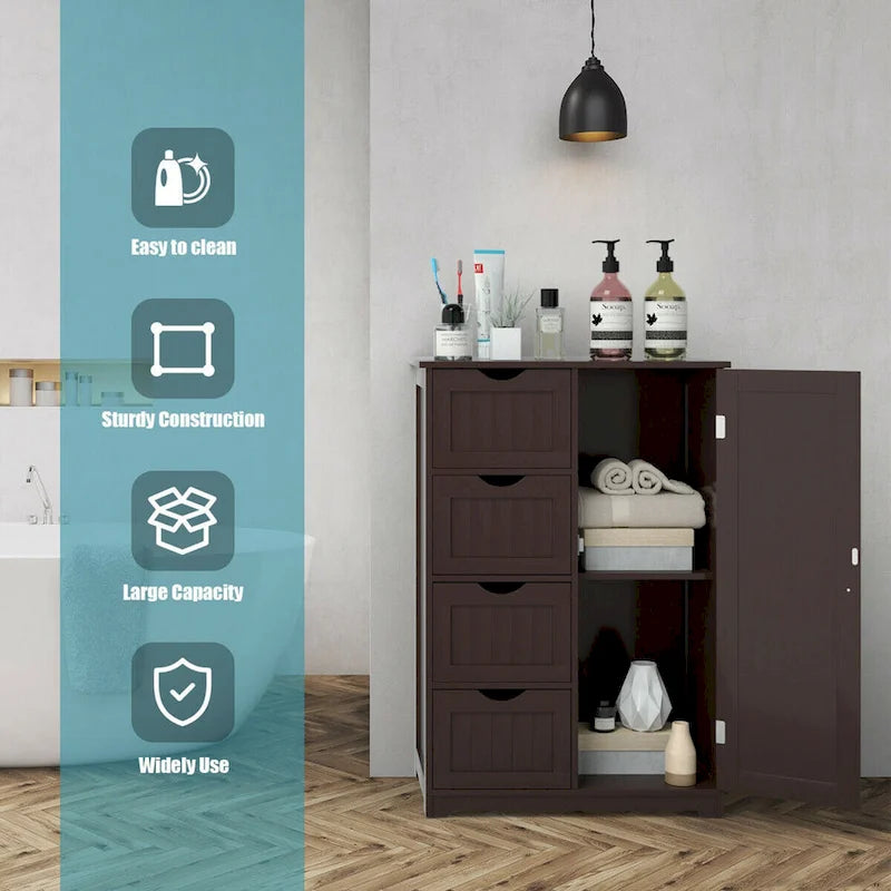Gymax Wooden 4 Drawer Free Standing Bathroom Floor Cabinet Adjustable - See Details