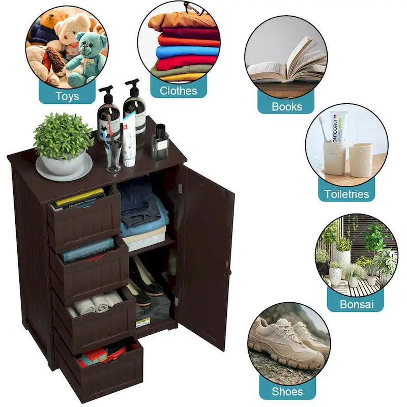 Gymax Wooden 4 Drawer Free Standing Bathroom Floor Cabinet Adjustable - See Details