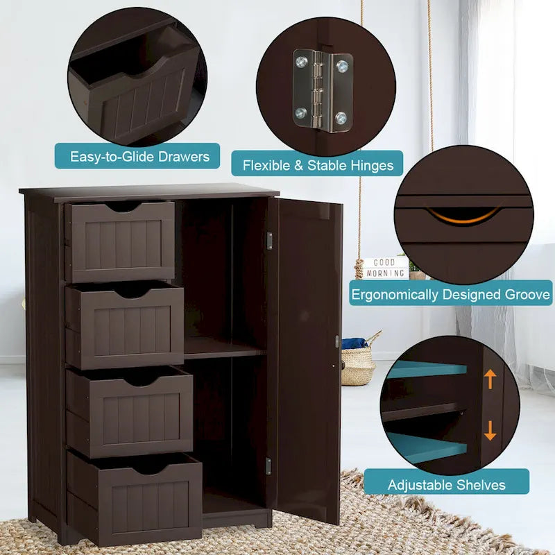 Gymax Wooden 4 Drawer Free Standing Bathroom Floor Cabinet Adjustable - See Details